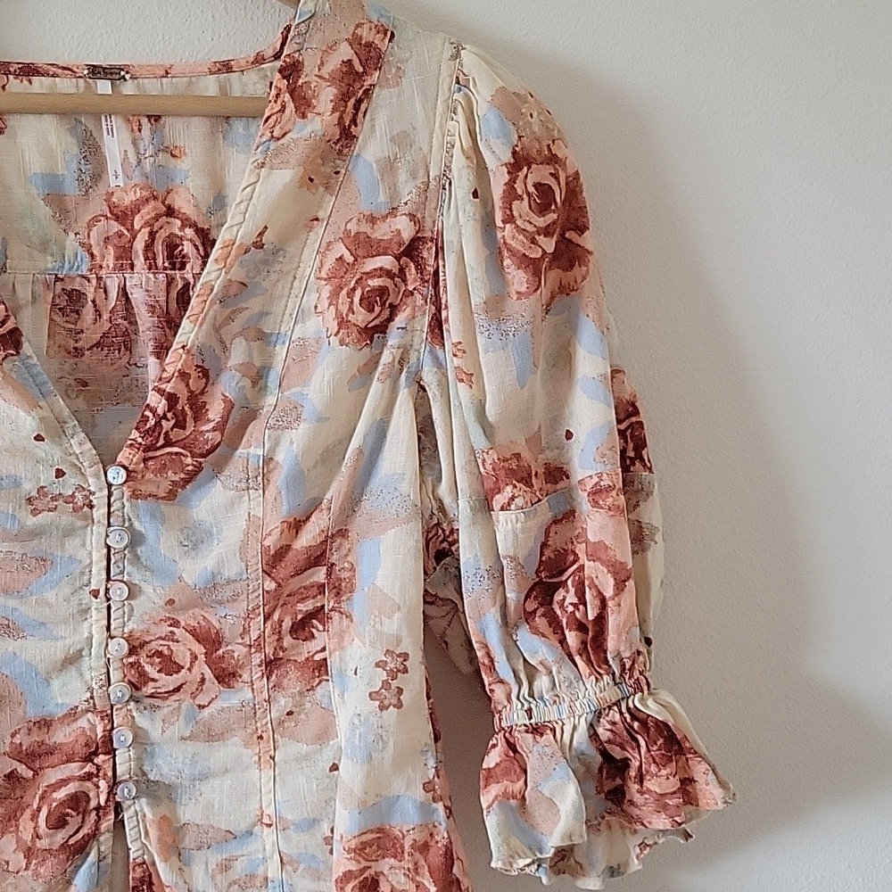 Free People I Found You Puff Sleeve Button Front Floral-Printed Top Size Small - Picture 4 of 13